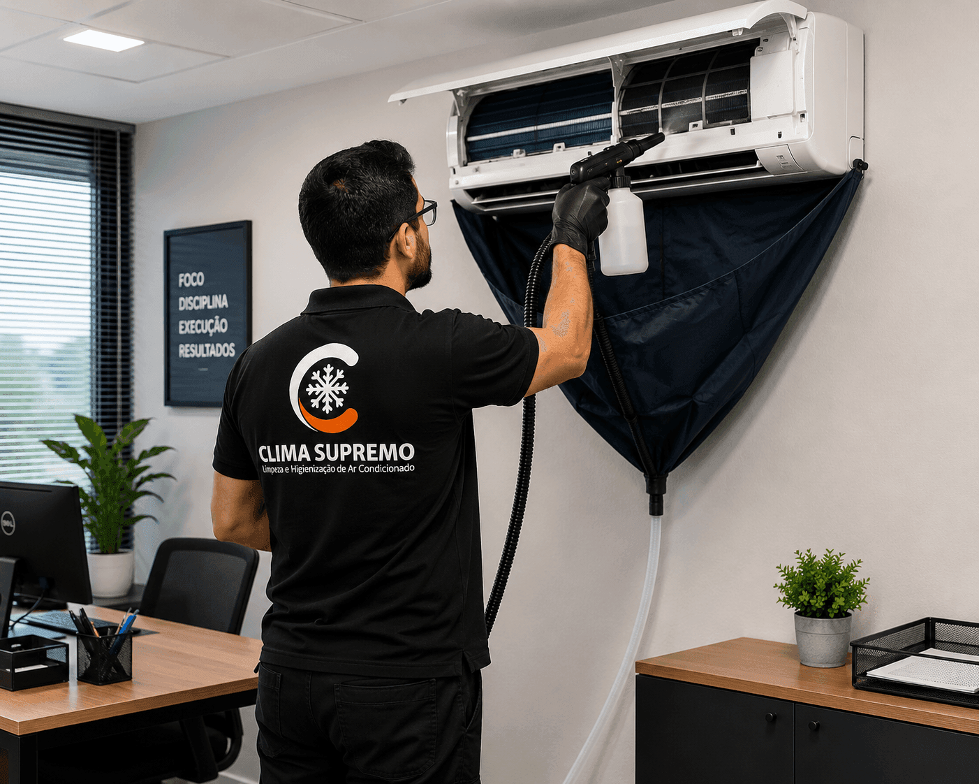 Técnico da Clima Supremo realizando higienização de ar condicionado em escritório corporativo em SP