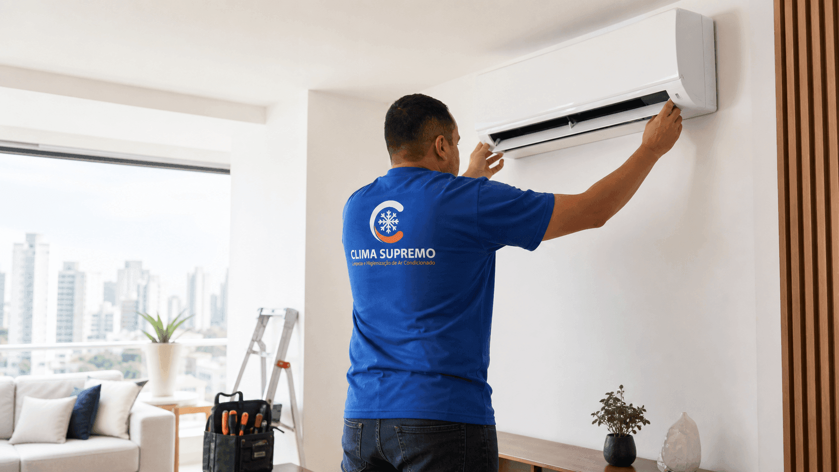 Técnico da Clima Supremo instalando ar-condicionado split em apartamento