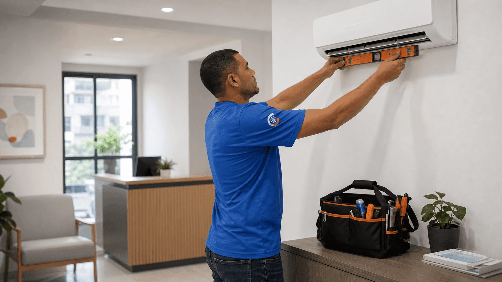 Técnico da Clima Supremo conferindo instalação de ar-condicionado em ambiente comercial