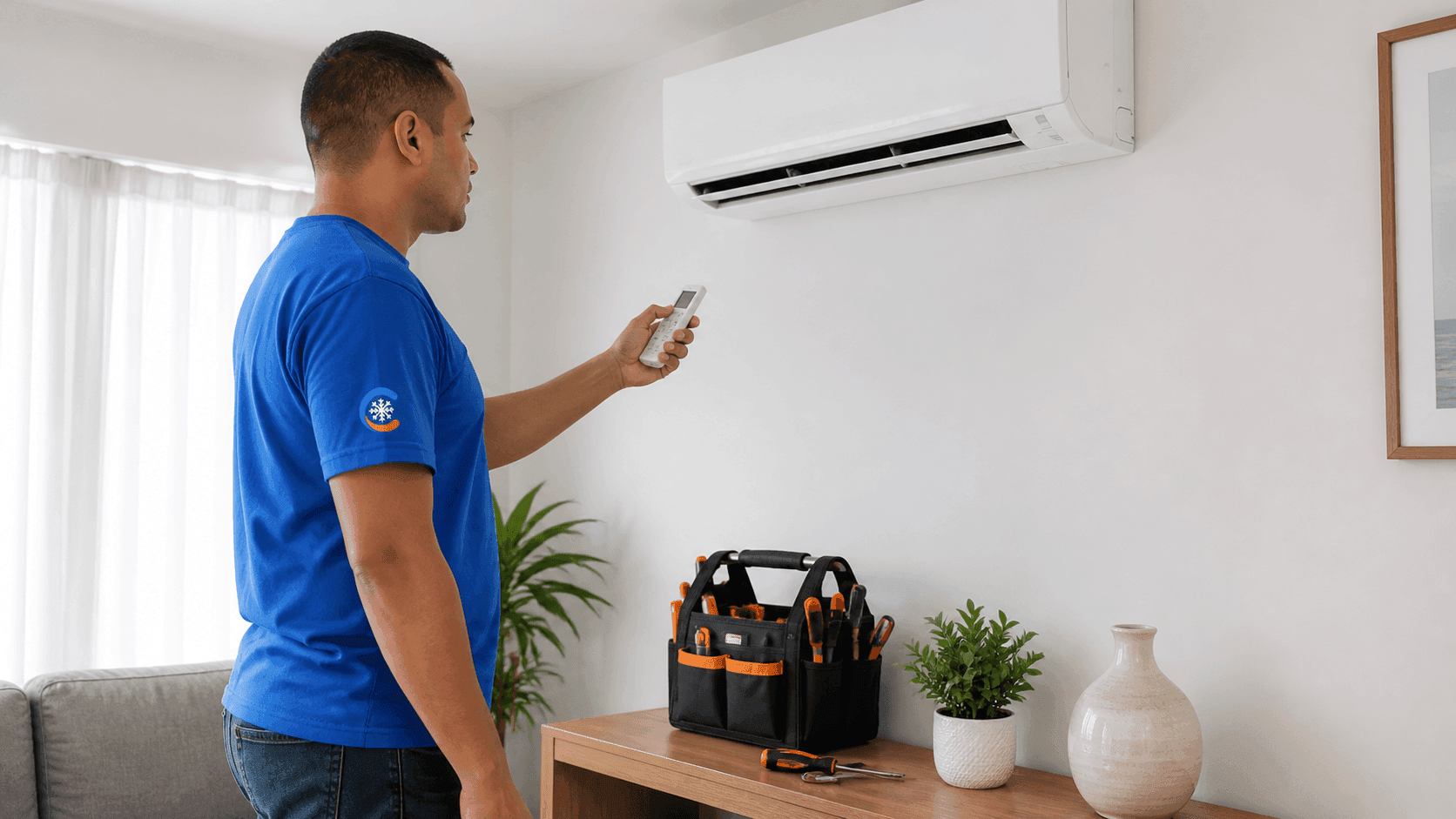 Técnico da Clima Supremo testando ar-condicionado após instalação